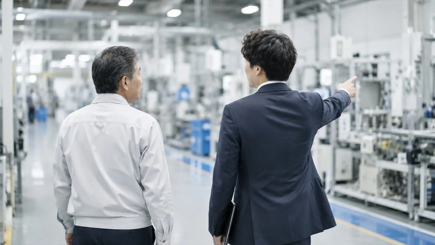 工場の現場を歩きながら設備を確認し、AI活用のポイントを話し合う工場長と支援会社の担当者