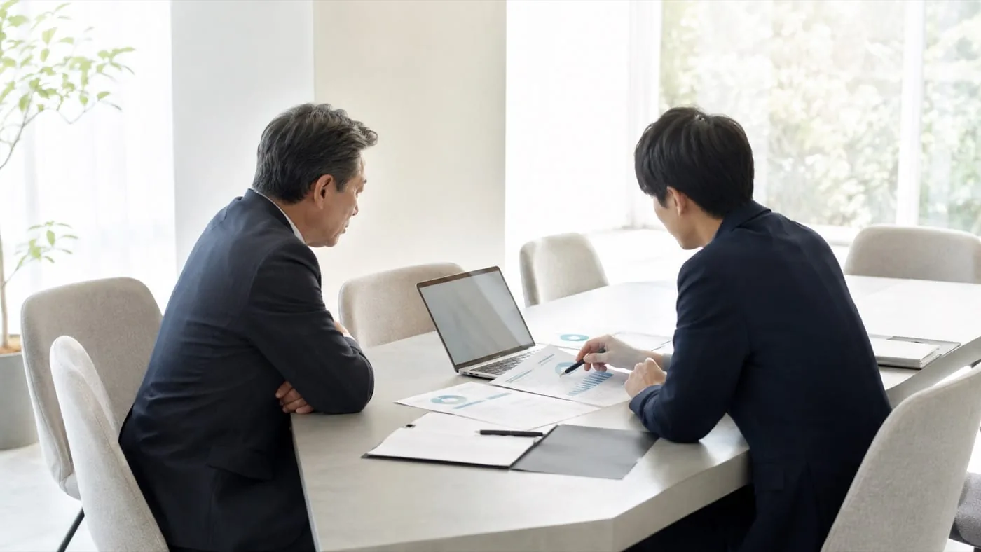 会議室で専門家が経営者に資料を示しながらAI活用の相談に乗っている様子