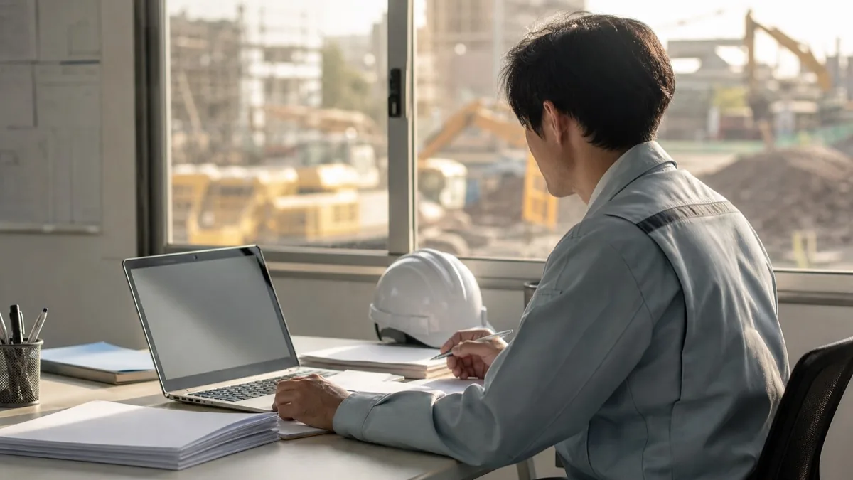 建設現場に隣接する仮設事務所で、作業服姿の現場監督がノートPCに向かって書類を作成している様子。窓の外には建設現場が見える