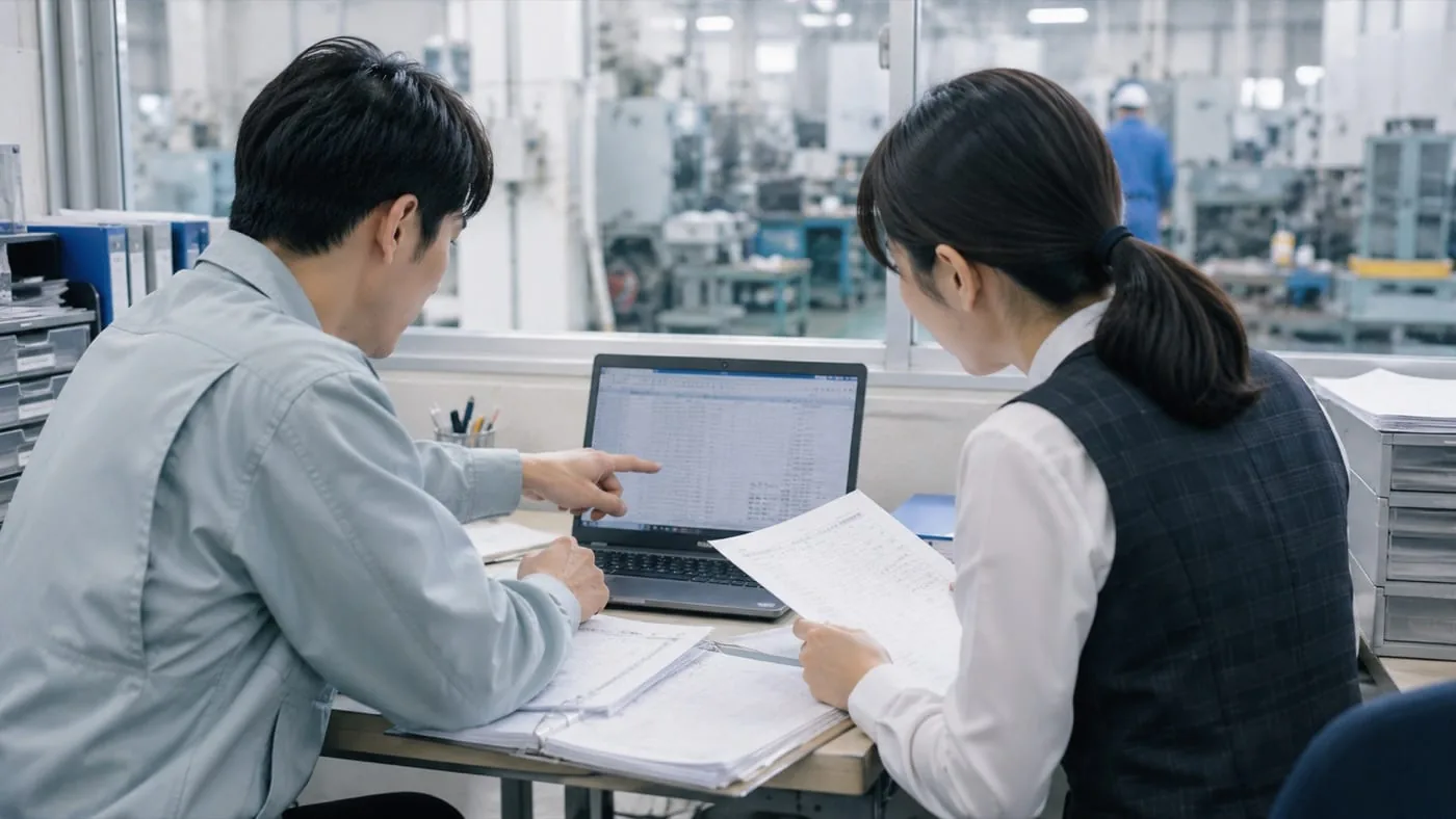 工場の事務所で、現場担当者と事務担当者が紙の記録とPCの表を見比べながらデータを整理している様子