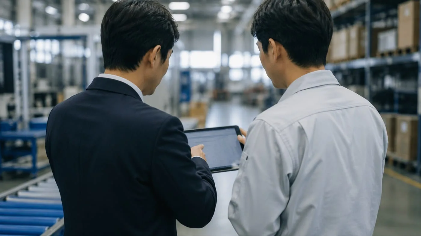 物流倉庫で現場担当者とタブレットを見ながら業務の流れを確認する開発担当者