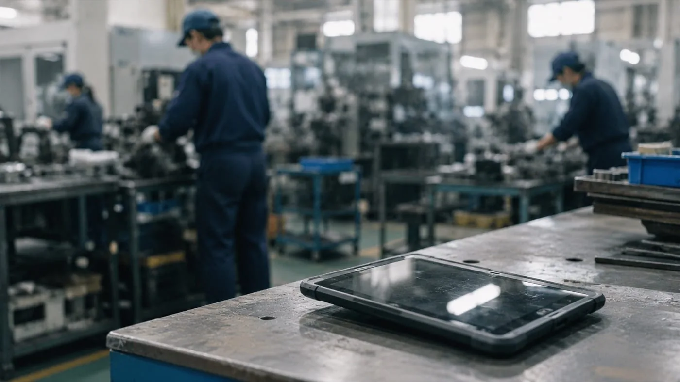 忙しく稼働する製造現場の隅で、使われないまま作業台に置かれたタブレット端末