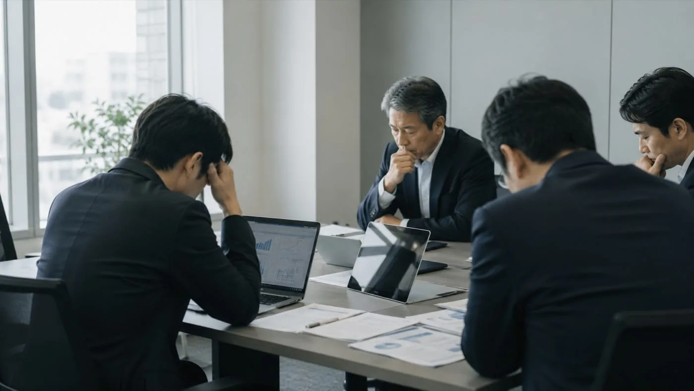 会議室で、AI導入がうまくいかず渋い表情で考え込む経営層