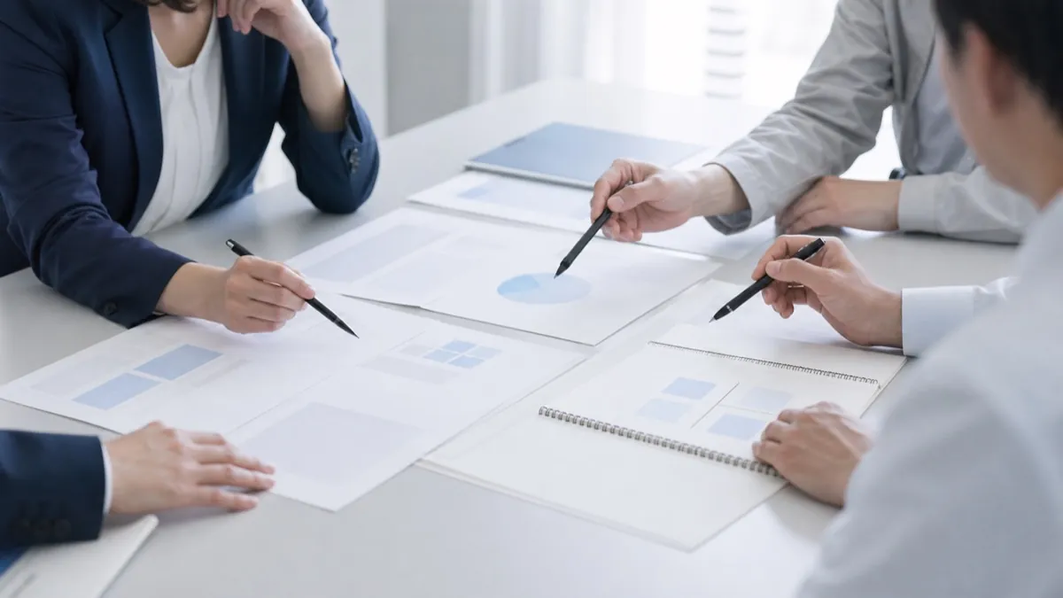 支援会社の提案書と自社の作業リストを並べて、どこまでを社内でやるかを線引きしている打ち合わせの場面