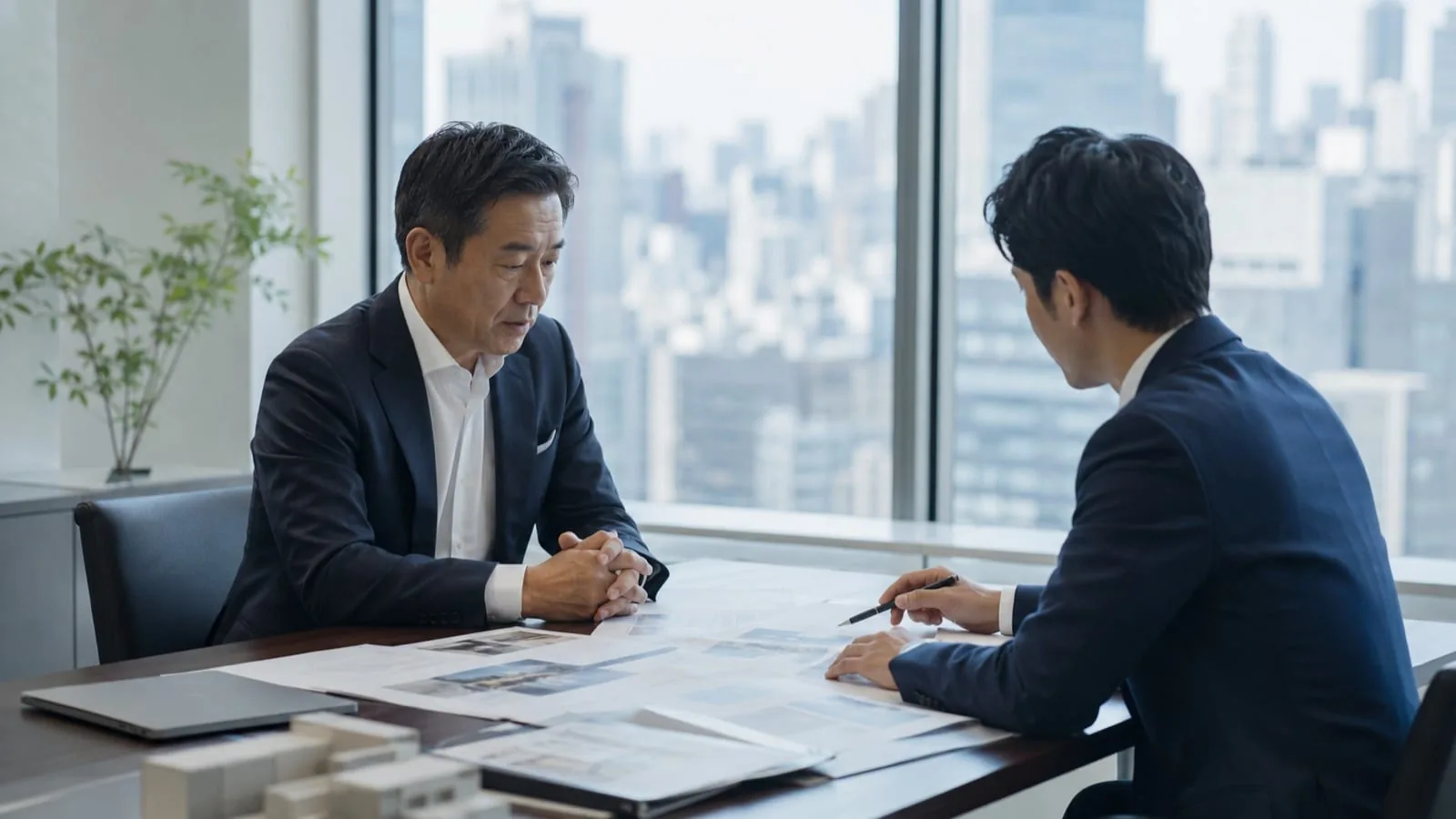 高層ビルの会議室で、発注側の経営者と開発会社の担当者が資料を挟んで打ち合わせしている様子