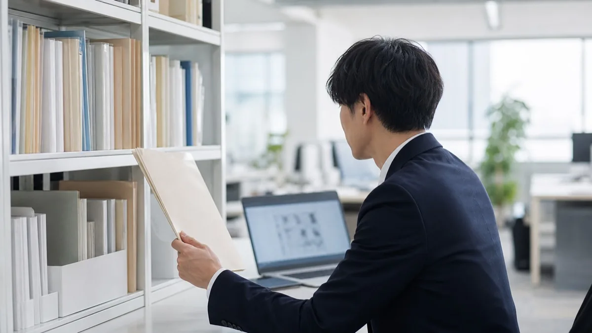 オフィスの書類棚から紙のファイルを取り出し、ノートPCの画面と見比べながら社内文書を整理するビジネスパーソン
