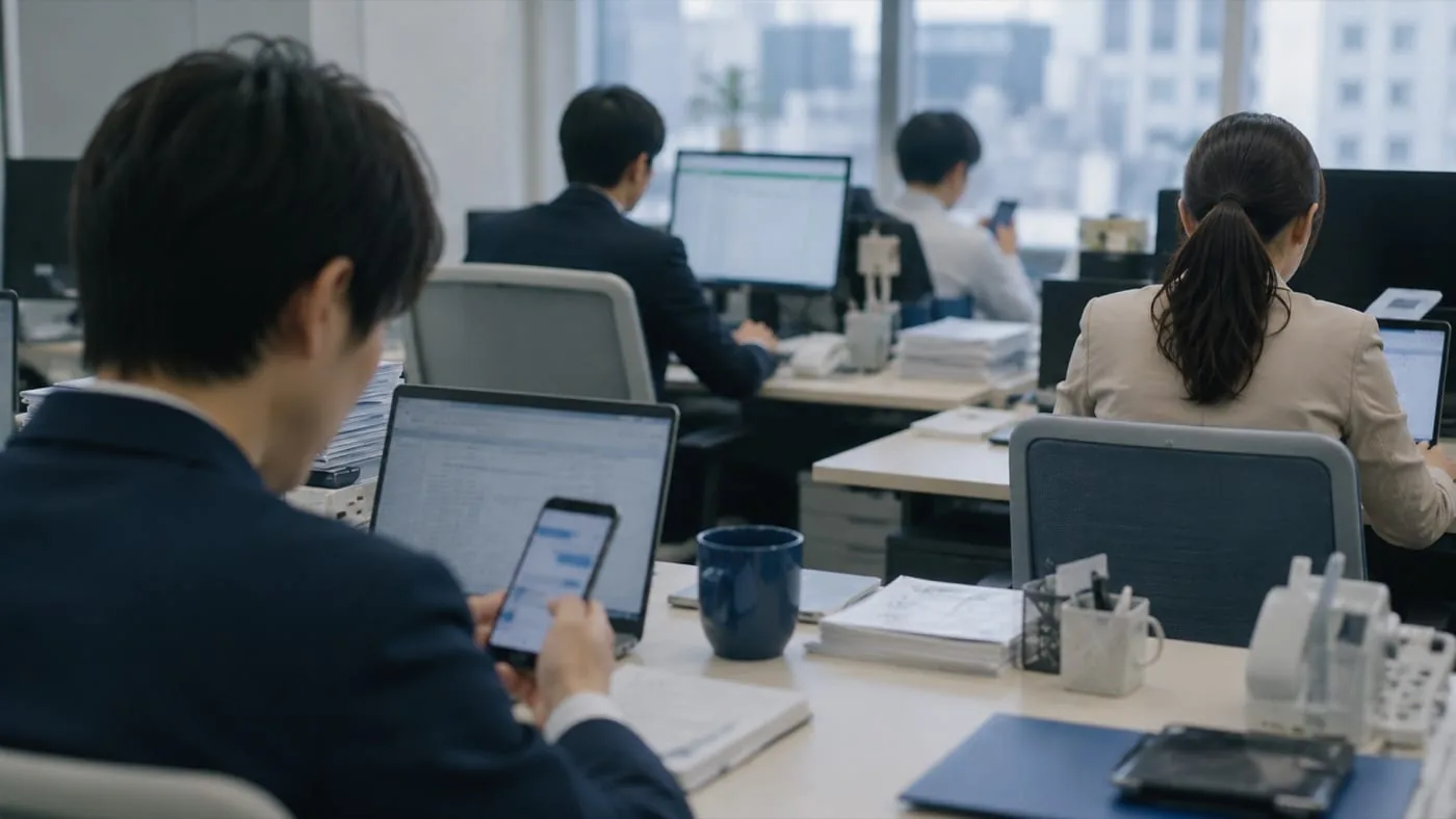 オフィスで社員がそれぞれのPCやスマートフォンで生成AIをばらばらに使っている様子