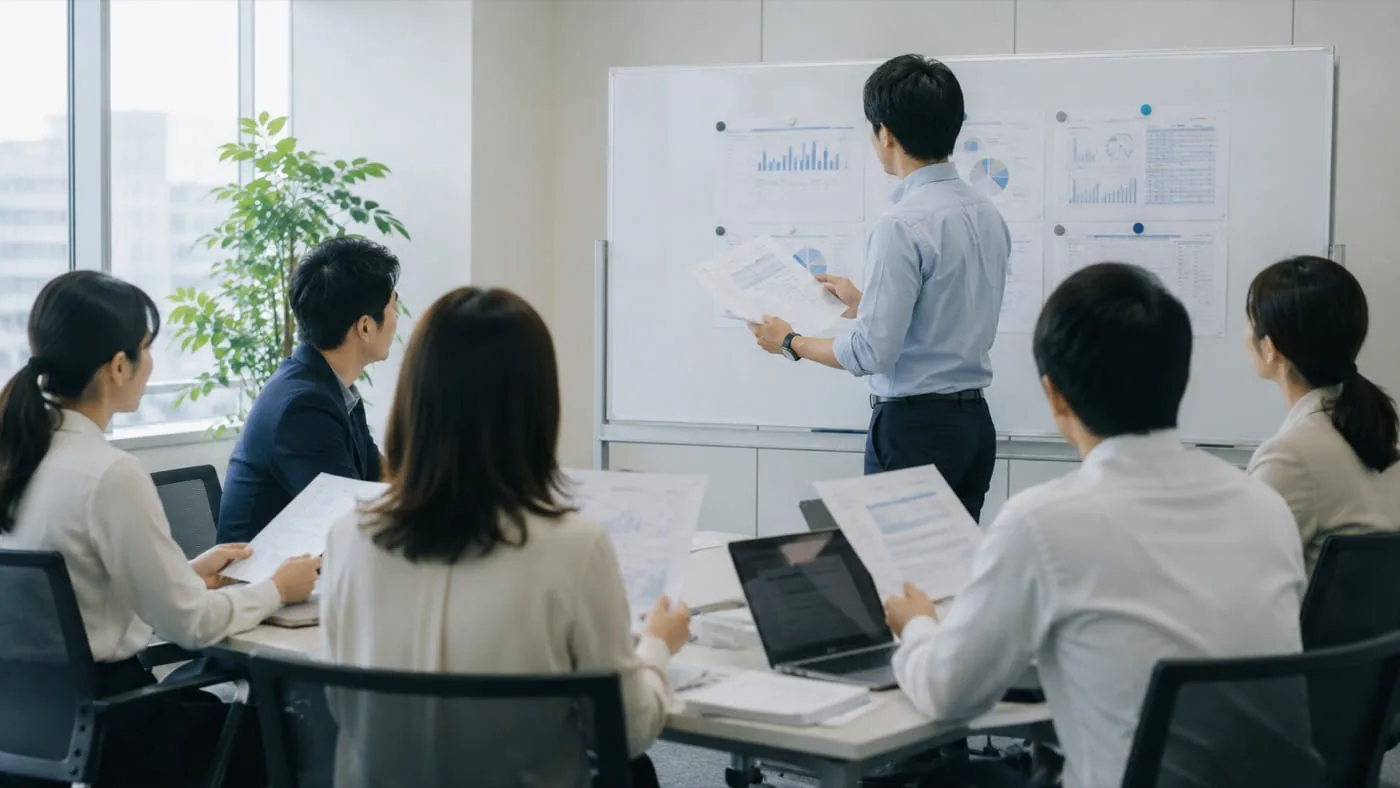 会議室でホワイトボードを使い、社員に生成AI利用ルールを説明する担当者