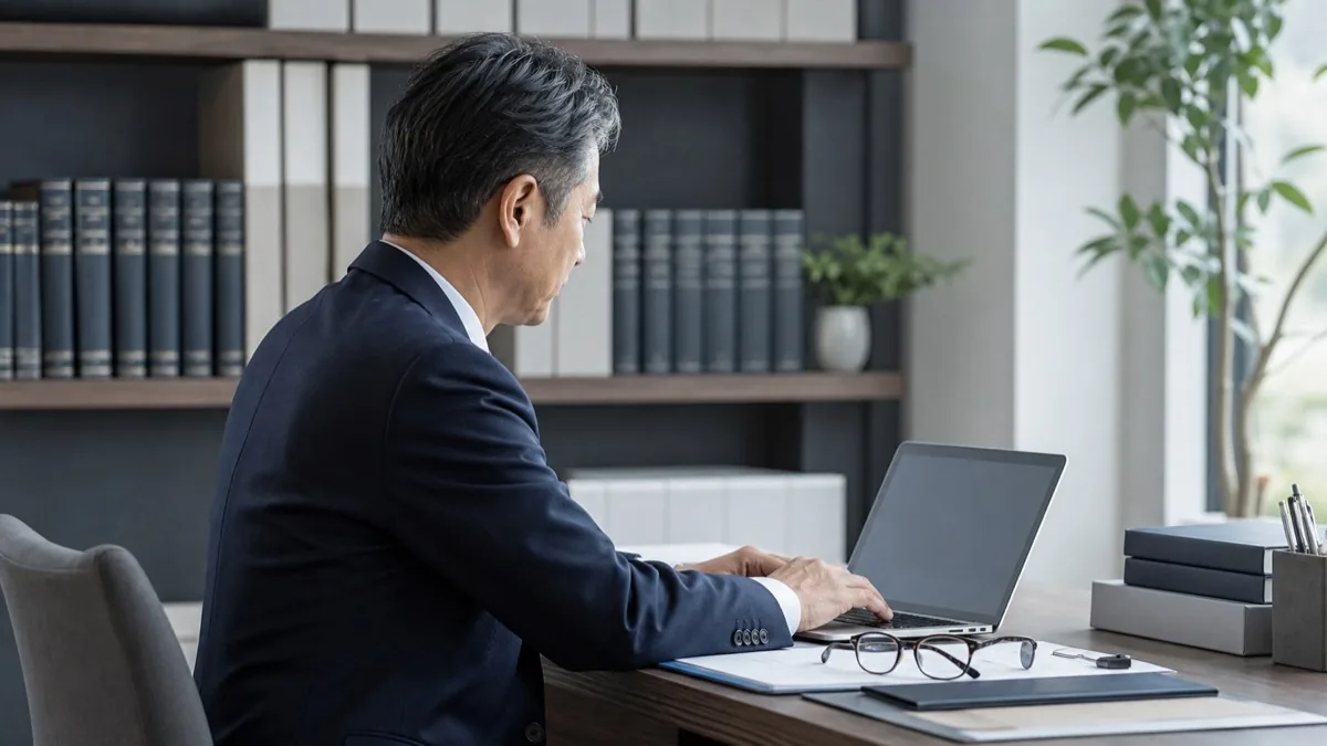 法令集やファイルが並ぶ書棚を背に、士業事務所の執務室でノートPCに向かう専門家の様子