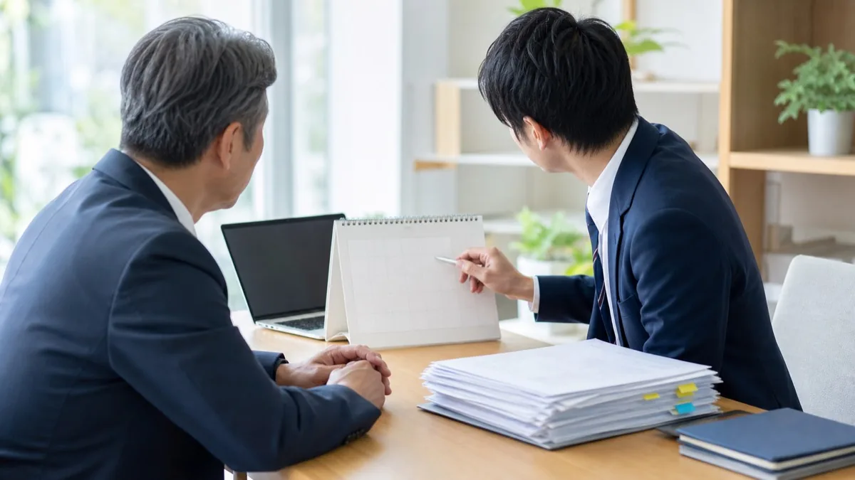 相談スペースで、担当者が卓上カレンダーを指しながら経営者に研修日程を説明している様子。テーブルには申請書類の束