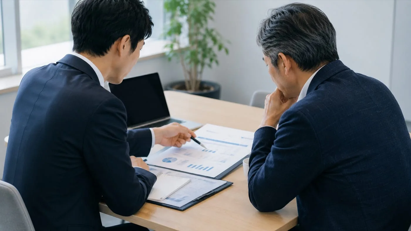 相談テーブルで専門家が経営者に補助金の資料を指し示しながら丁寧に説明している様子