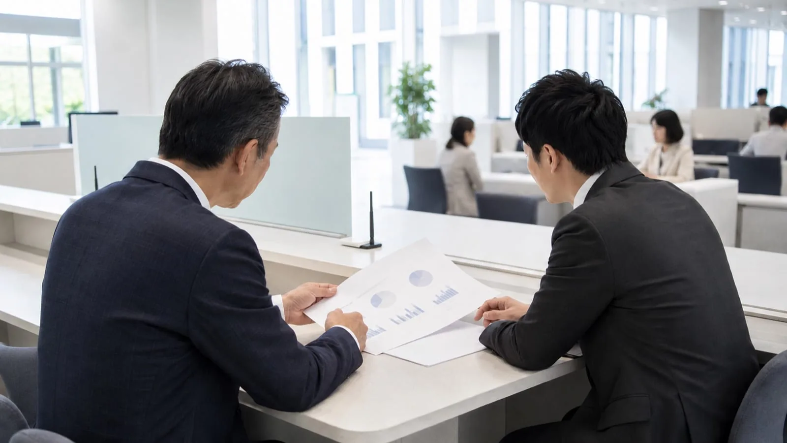 明るい相談窓口のカウンターで、経営者が相談員に書類を見せながら相談している様子