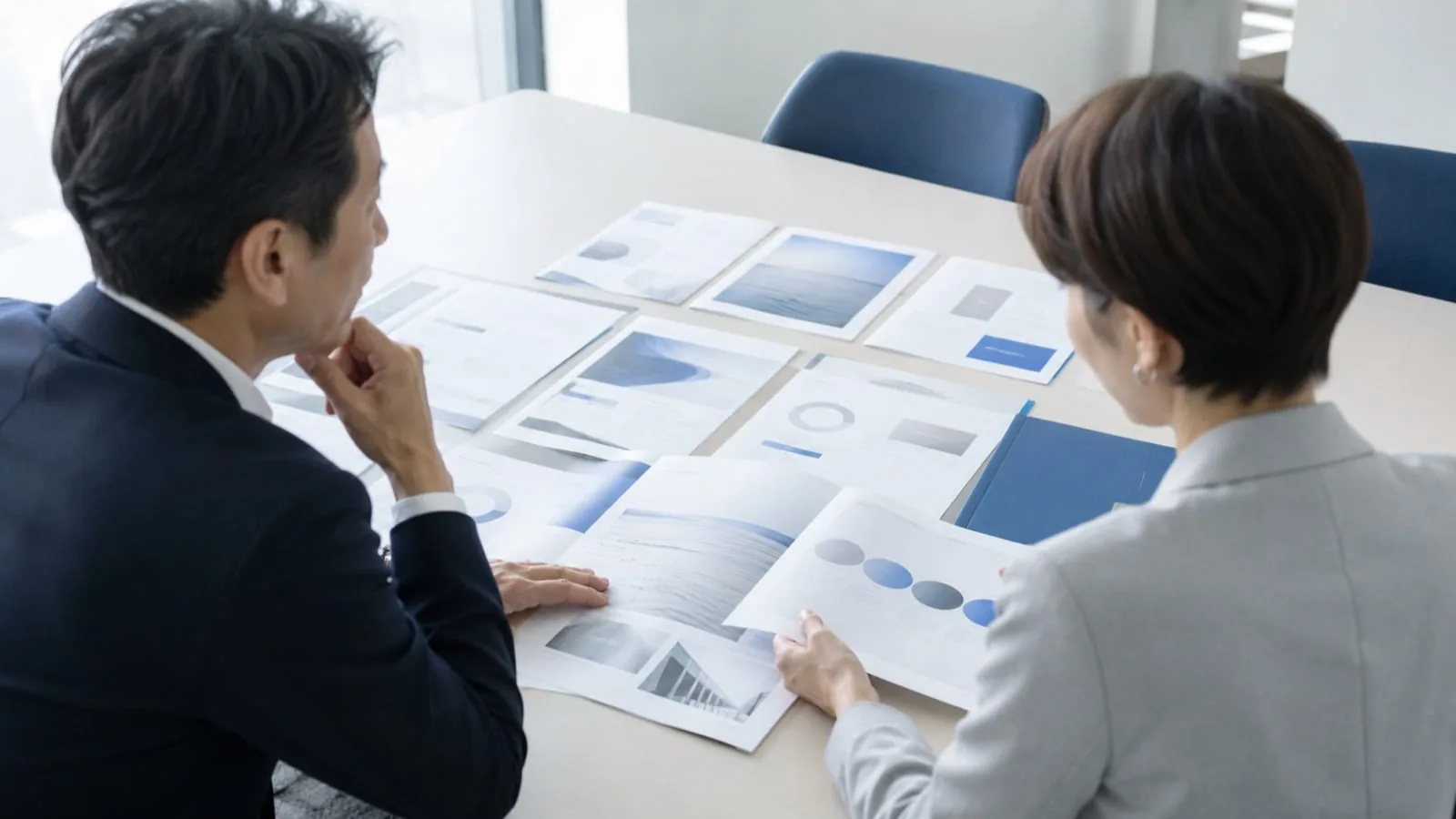 明るい会議室のテーブルに研修資料を並べて広げ、2人のビジネスパーソンが見比べながら検討している様子