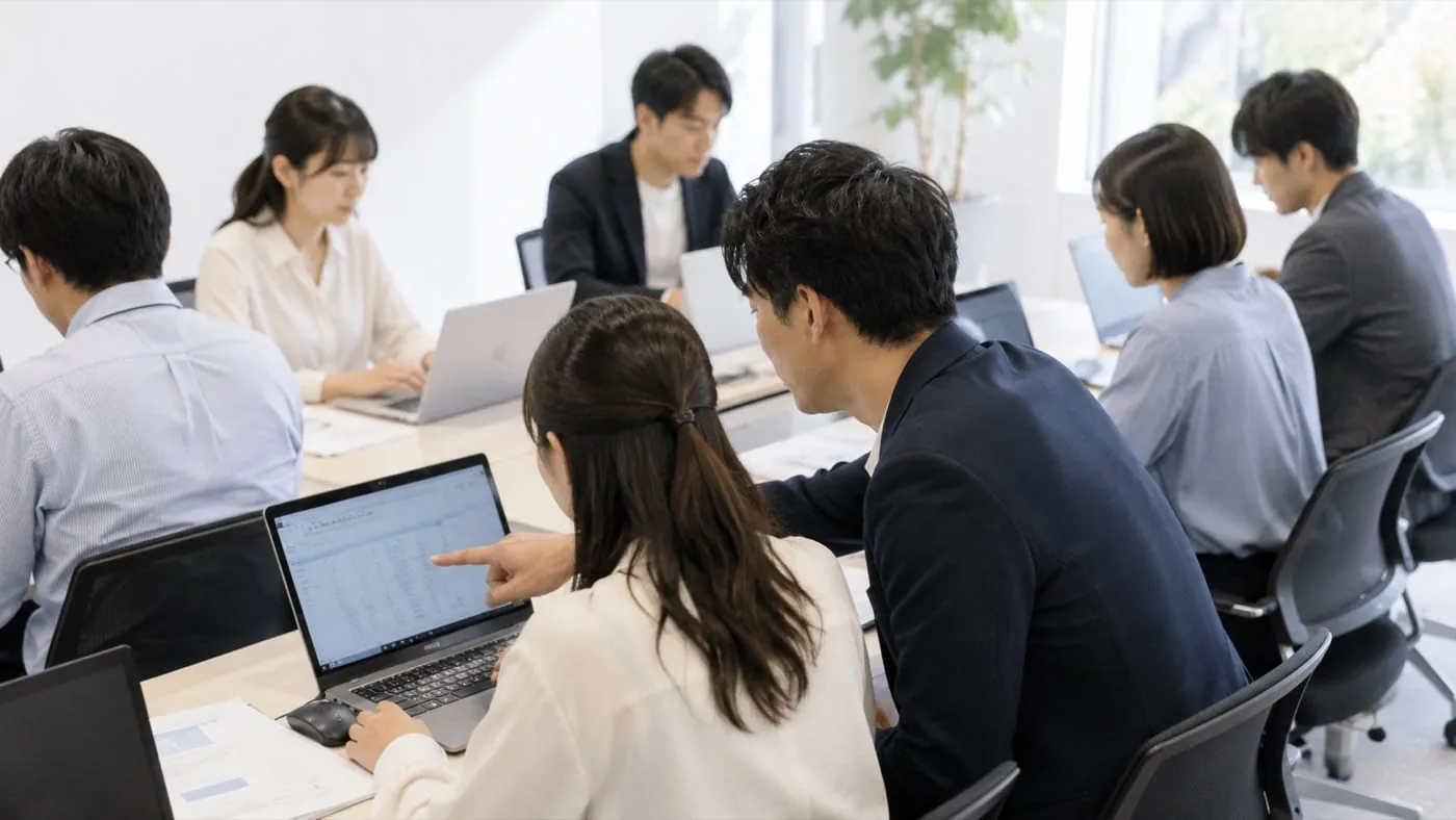 少人数の生成AI研修で、講師が受講者の隣に付き、ノートPCの画面を一緒に見ながら実務を教えている様子