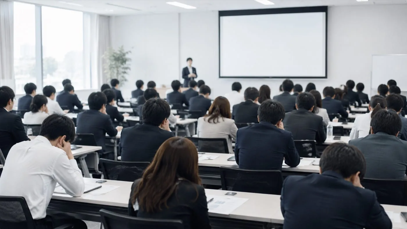 大人数がスクリーンに向かって講義を聞くだけの座学研修。聞くだけの研修は業務の変化につながりにくい